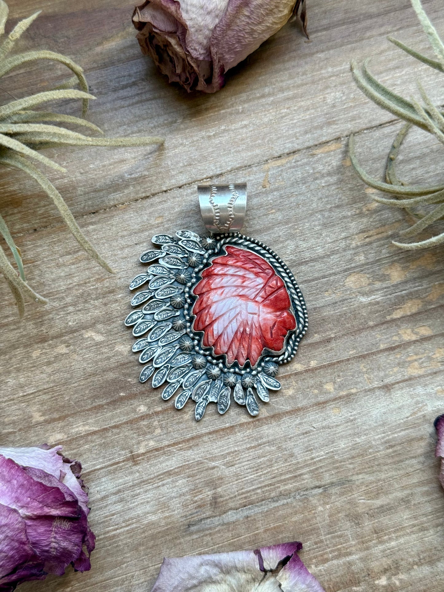 Sterling Silver Red Spiny Oyster Chief Head Pendant – Handmade by Artist Shay Pfeiffer