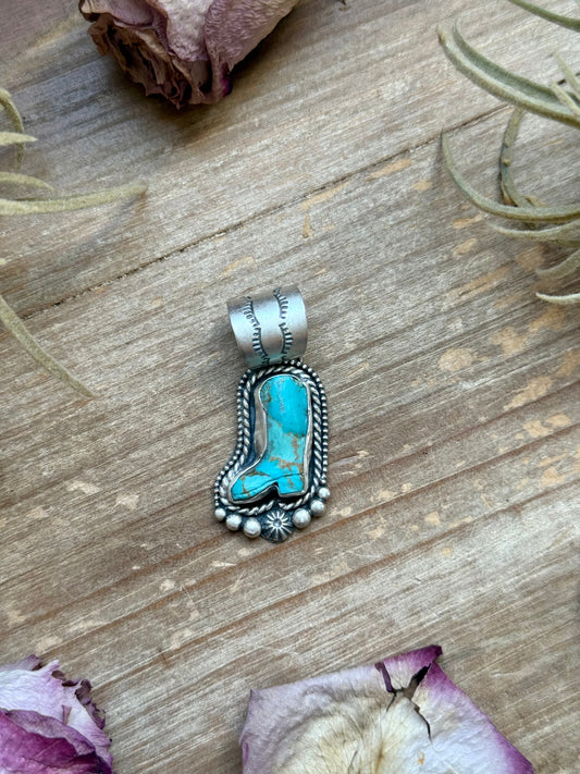 Sterling Silver Kingman Turquoise Cowboy Boot Pendant – Handmade by Artist Shay Pfeiffer