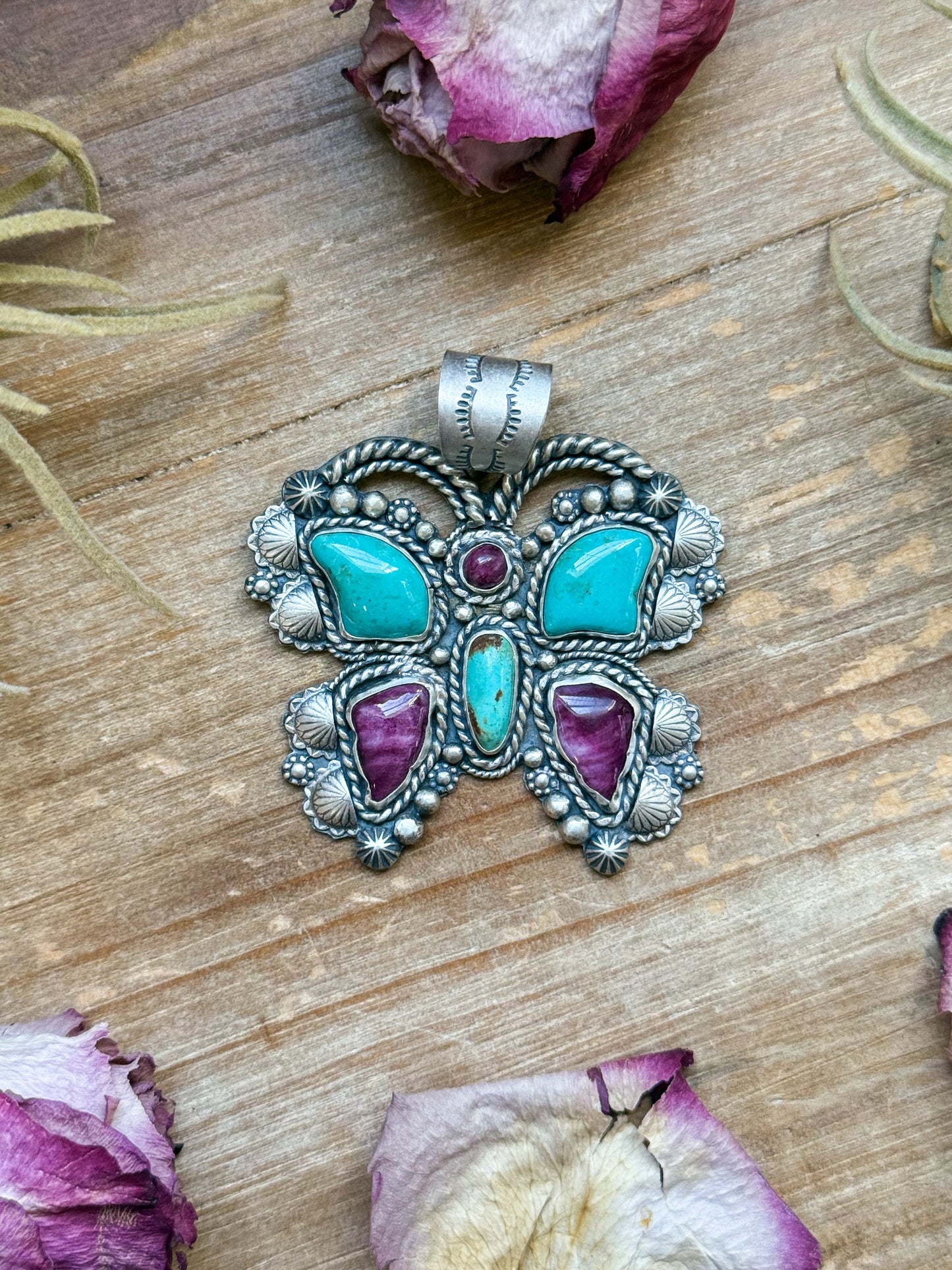 Sterling Silver Butterfly Pendant with Kingman Turquoise & Purple Spiny Oyster – Handmade by Artist Shay Pfeiffer