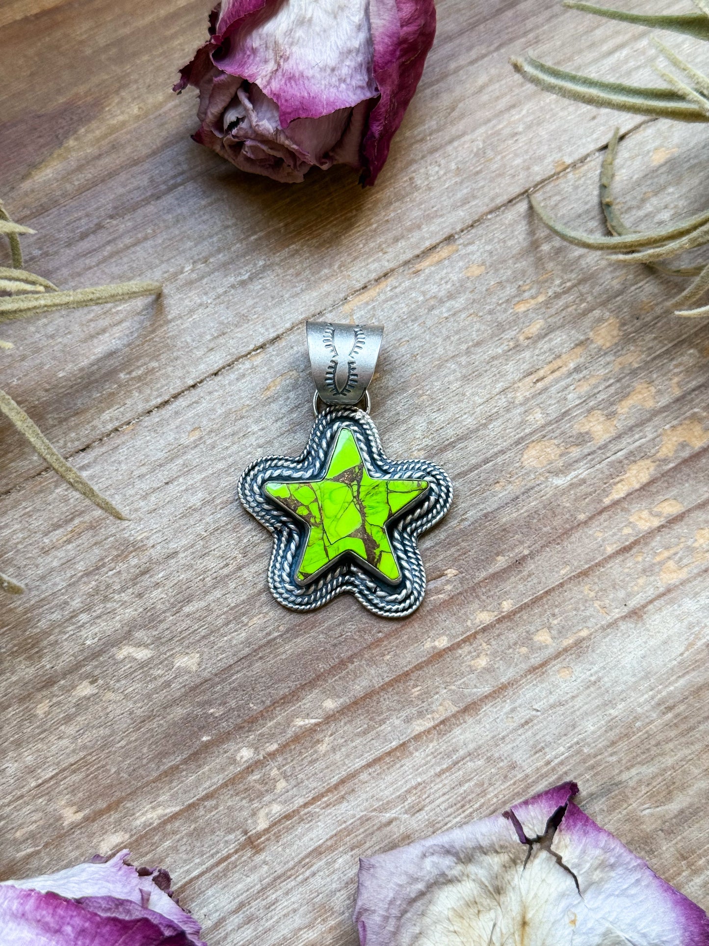 Sterling Silver Neon Green Wrangler Dahlia Star Pendant – Handmade by Artist Shay Pfeiffer