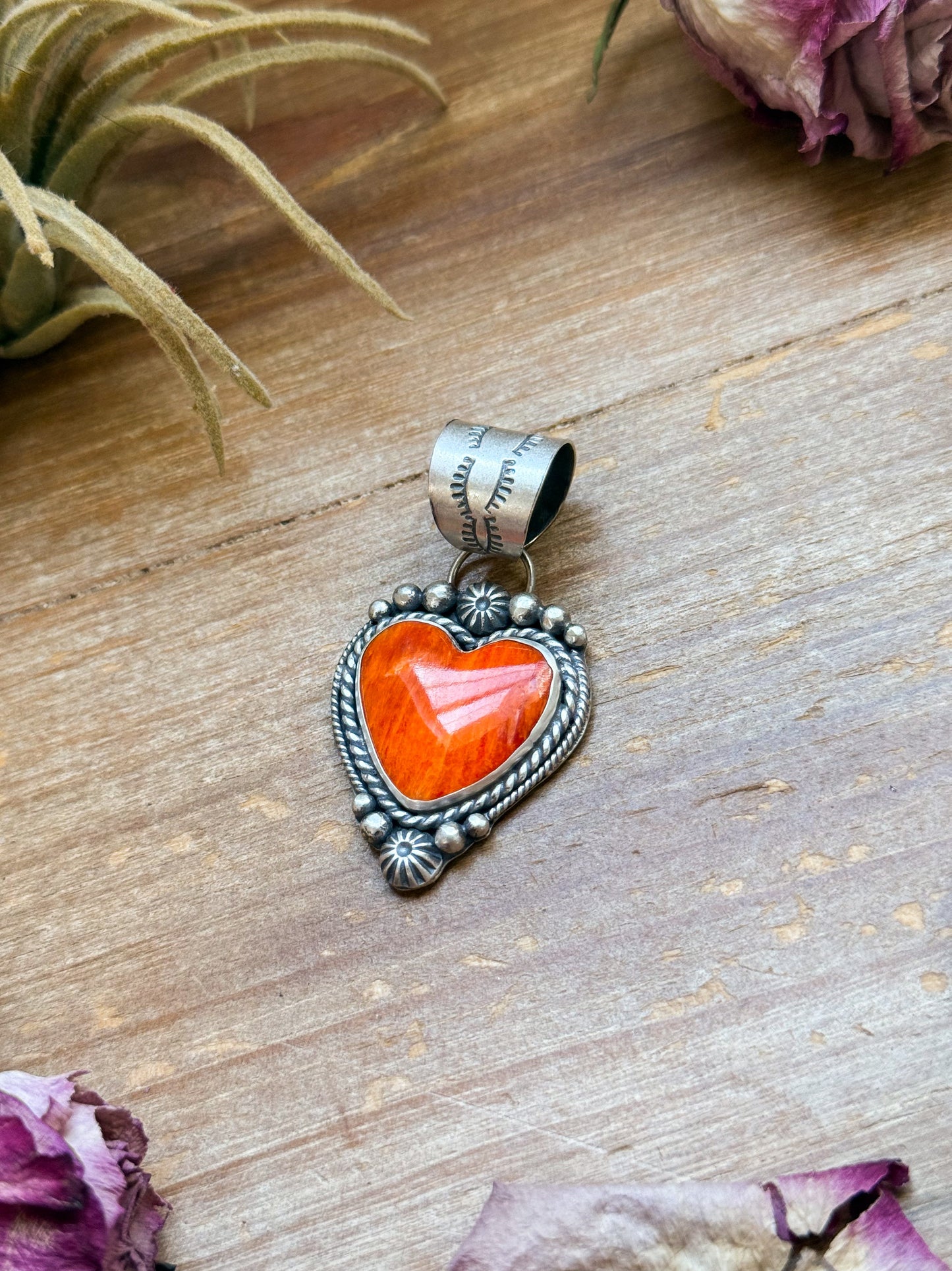 Sterling Silver Orange Spiny Oyster Heart Pendant – Handmade by Artist Shay Pfeiffer