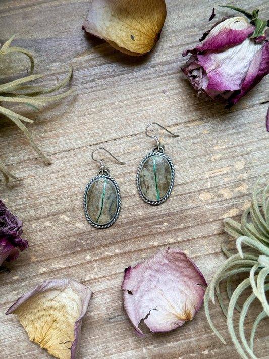 Sterling Silver Ribbon Royston Turquoise Dangle Earrings – Handmade by Artist Jason Ogg