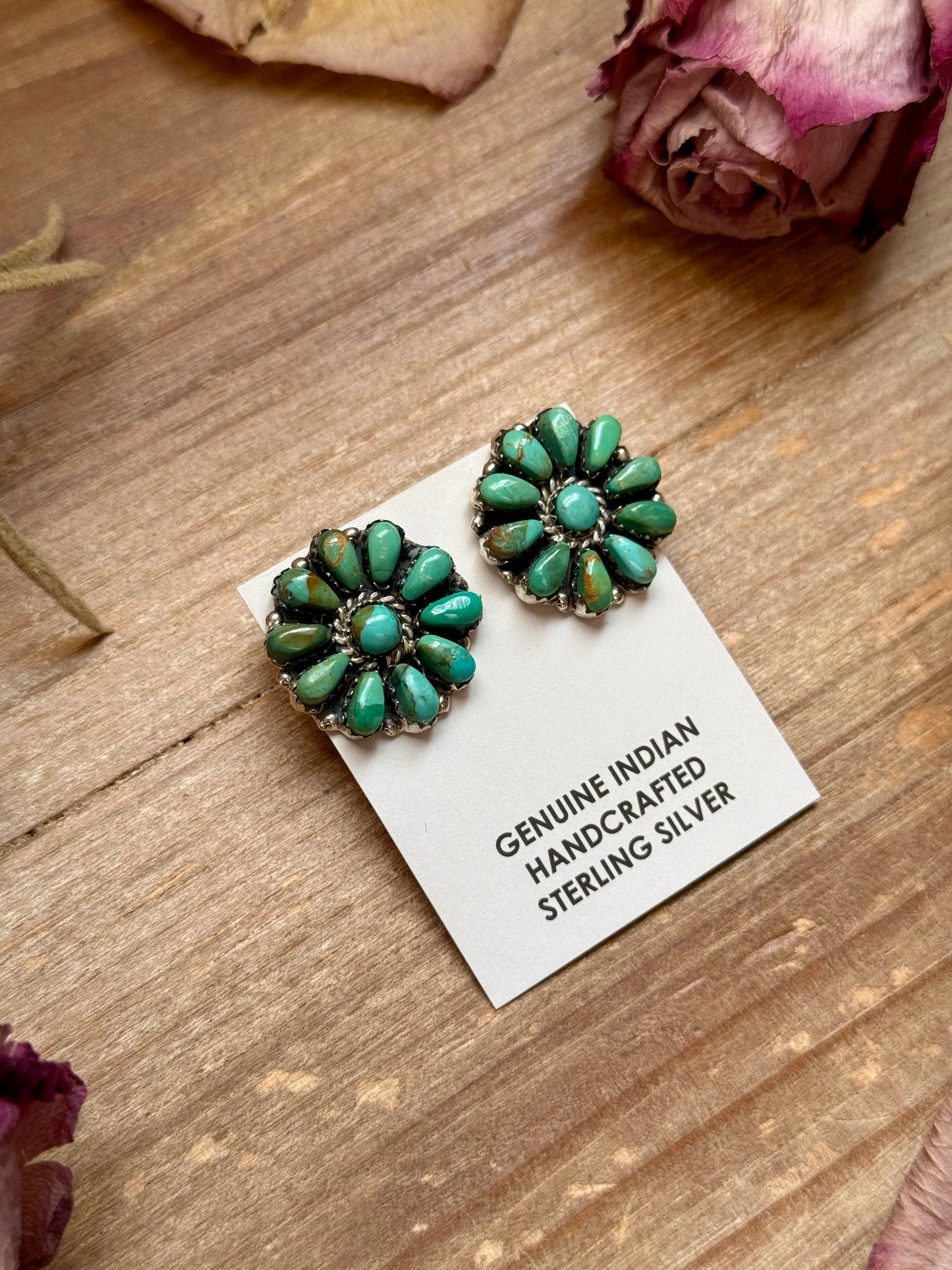 Sterling Silver Green Turquoise & Pearl Stud Earrings – Native Made by J. W.
