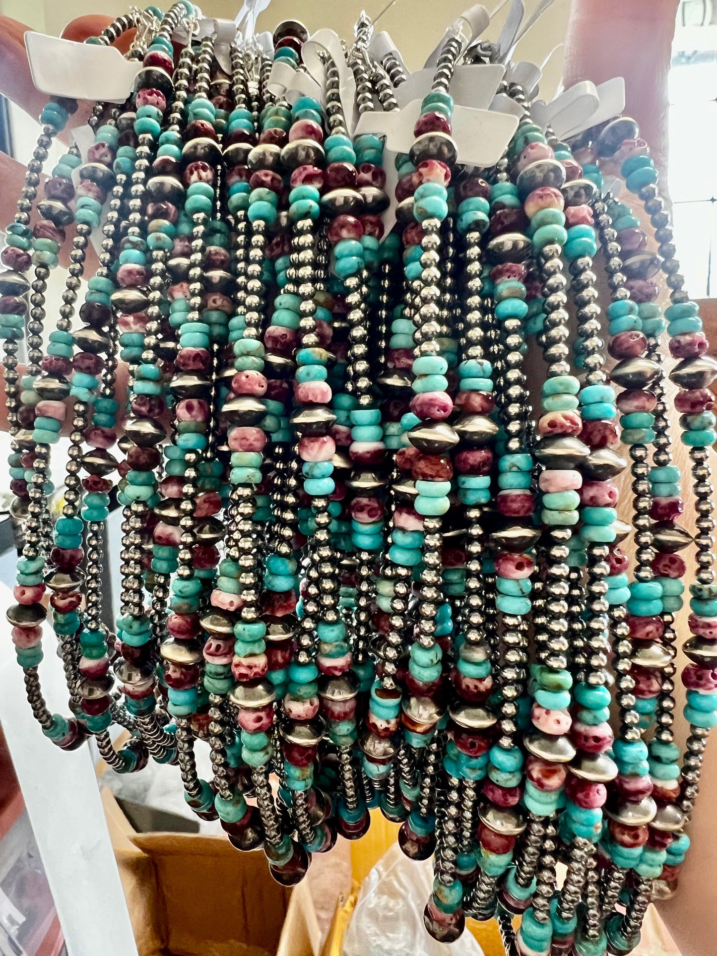 Sterling Silver Pearls choker with real turquoise and purple spiny oyster