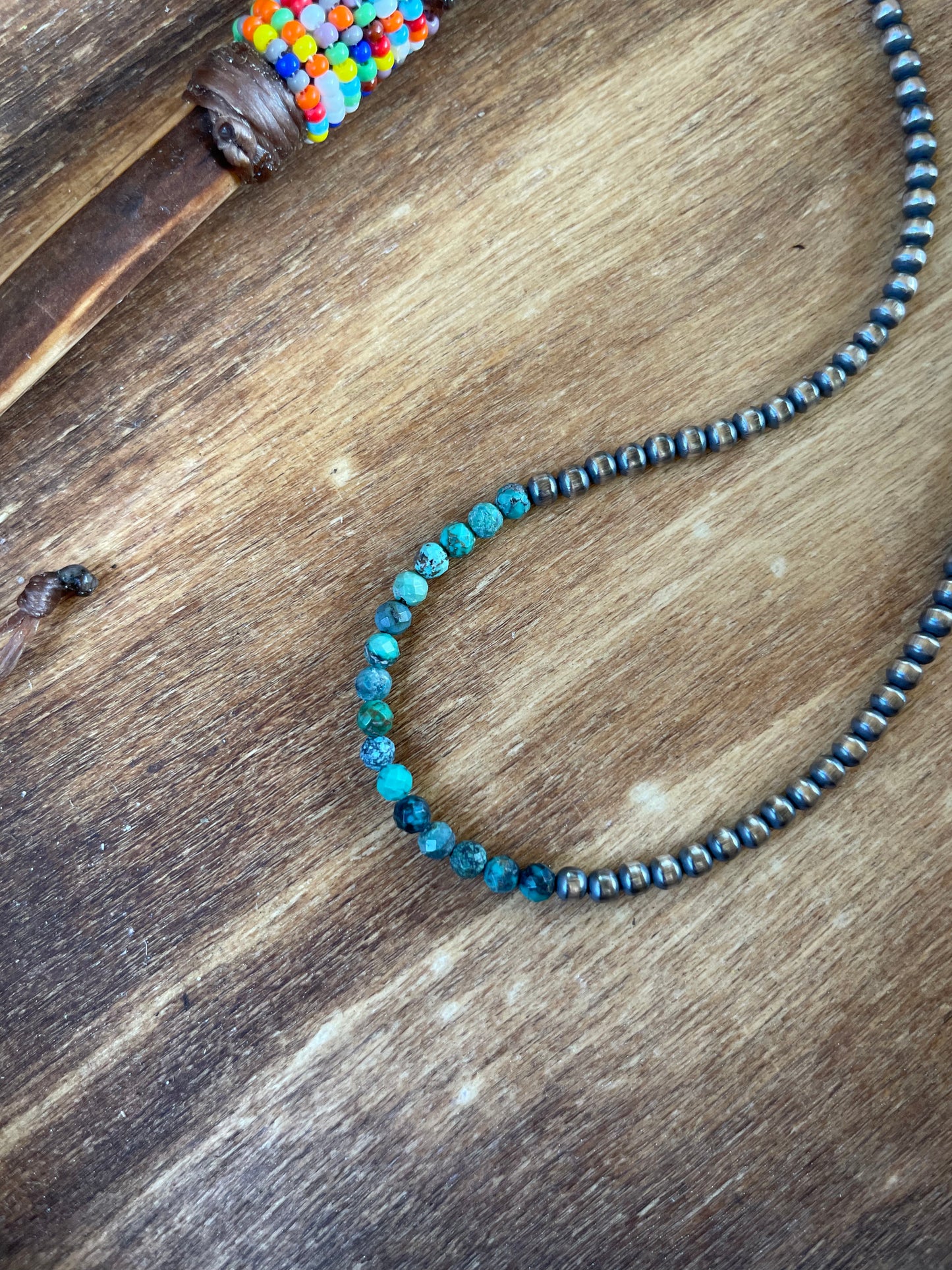 3mm Navajo pearl Necklace with Crystal cut Turquoise