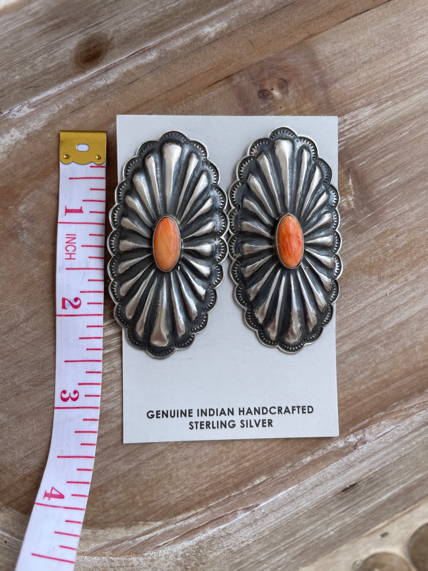 Mandy Navajo Hand Stamped Sterling Silver & Orange Spiny Concho Post Earrings